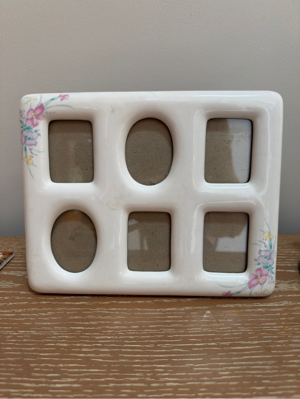 Source Unknown White Ceramic Multi-Opening Frame with Pink Floral Detail